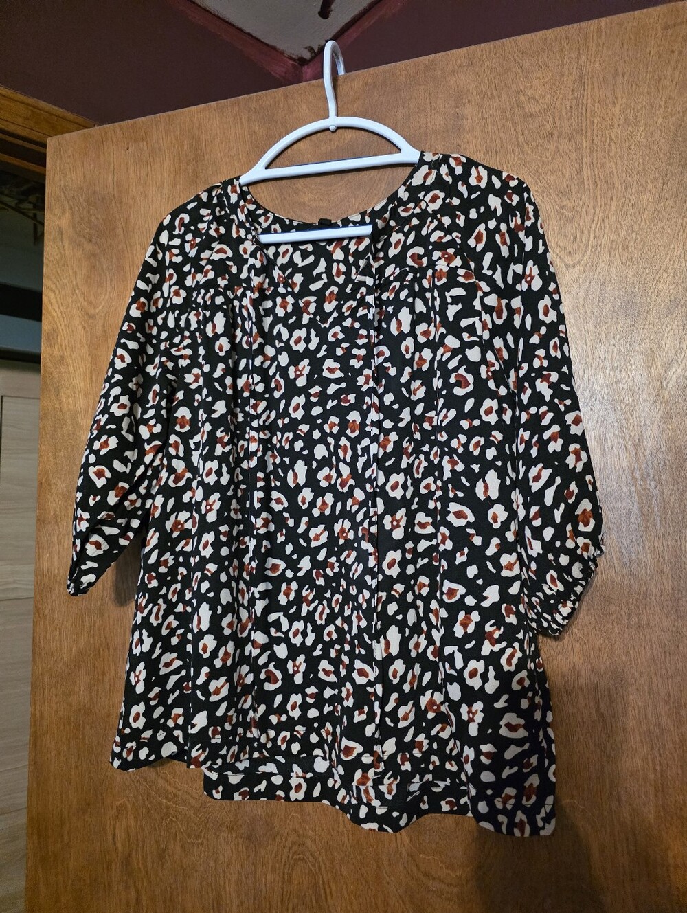 Women’s Black Leopard Print Blouse with Rust Accents